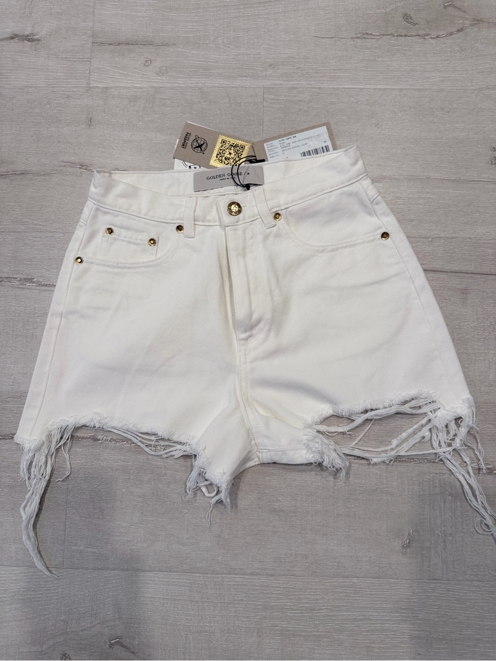 NEW W/tags-Golden Goose White Frayed Hem High-Rise Denim Shorts